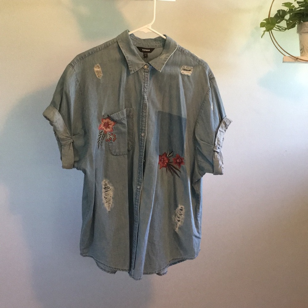 Large distressed denim shirt with floral patches